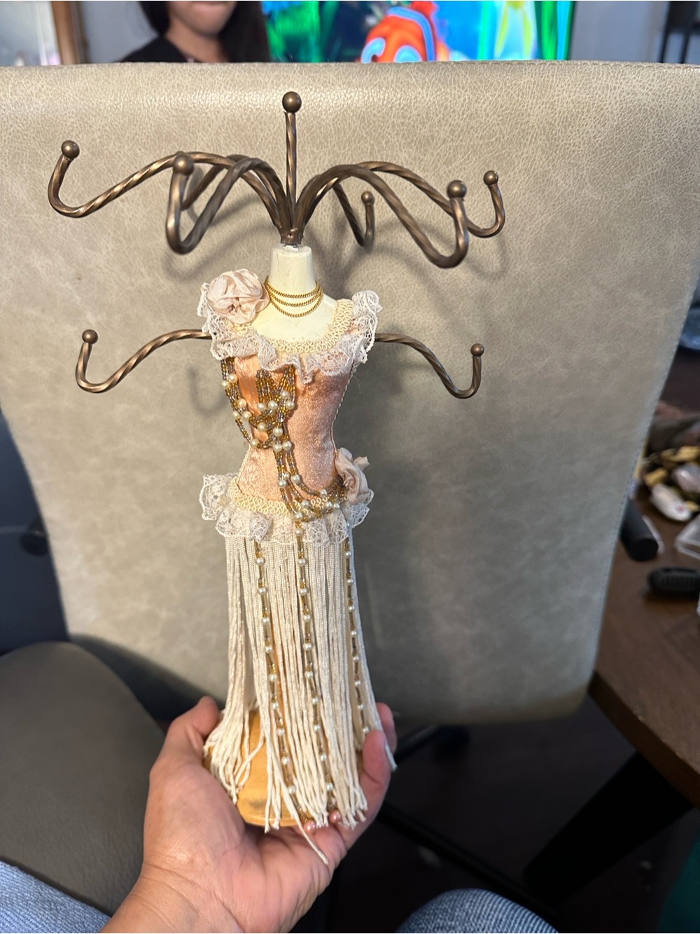 Beaded Tassel Dress Form Jewelry Stand in tan and Cream